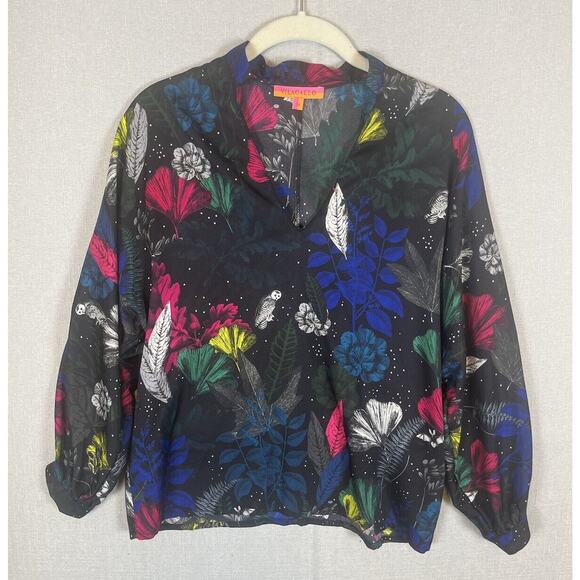 Colorful Tops - Vilagallo Silk Blouse Top Size 38 US 4 Small Colorful Artsy Print Owl Floral EUC